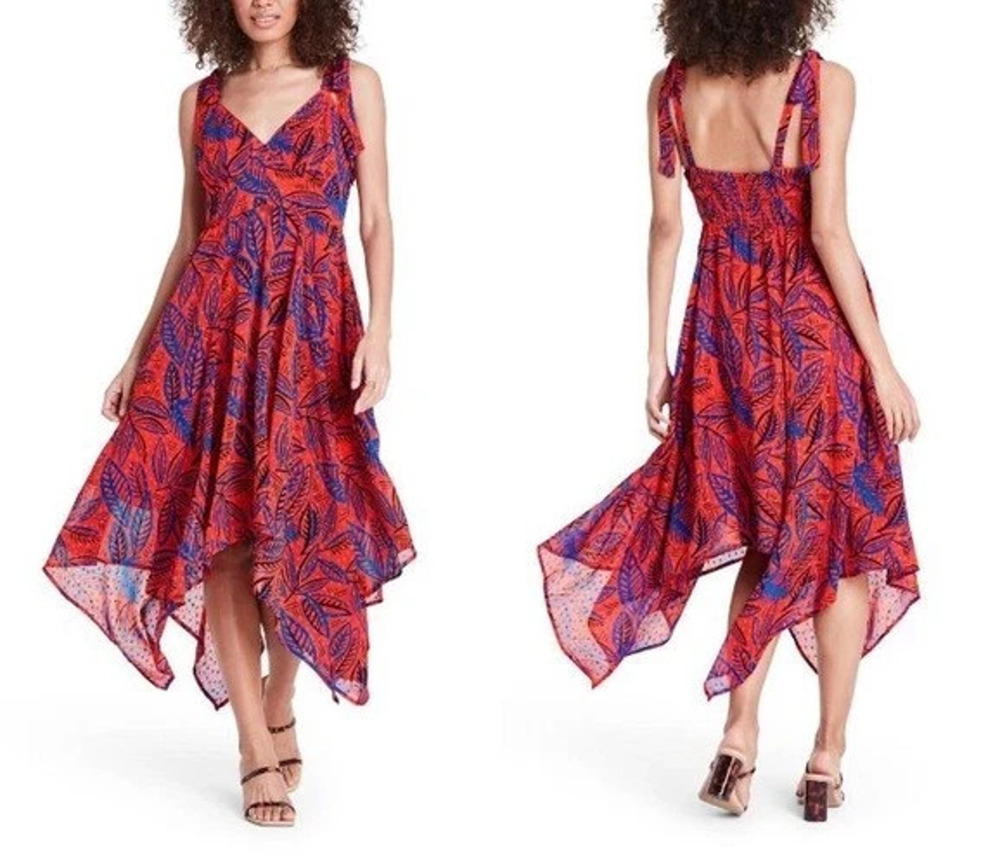 Alexis Red & Blue Tropical Leaf Print Asymetrical Dress Women’s 2X A010584
